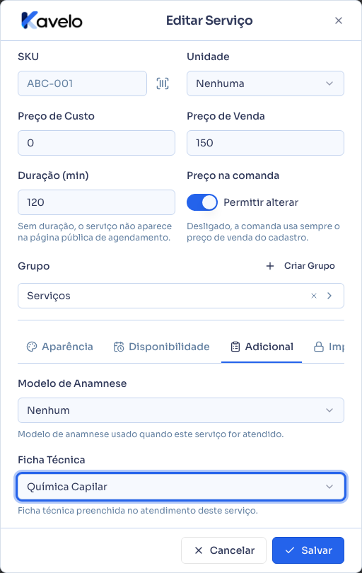 Cadastro de serviço na aba Adicional, com o campo Ficha Técnica logo abaixo do modelo de anamnese