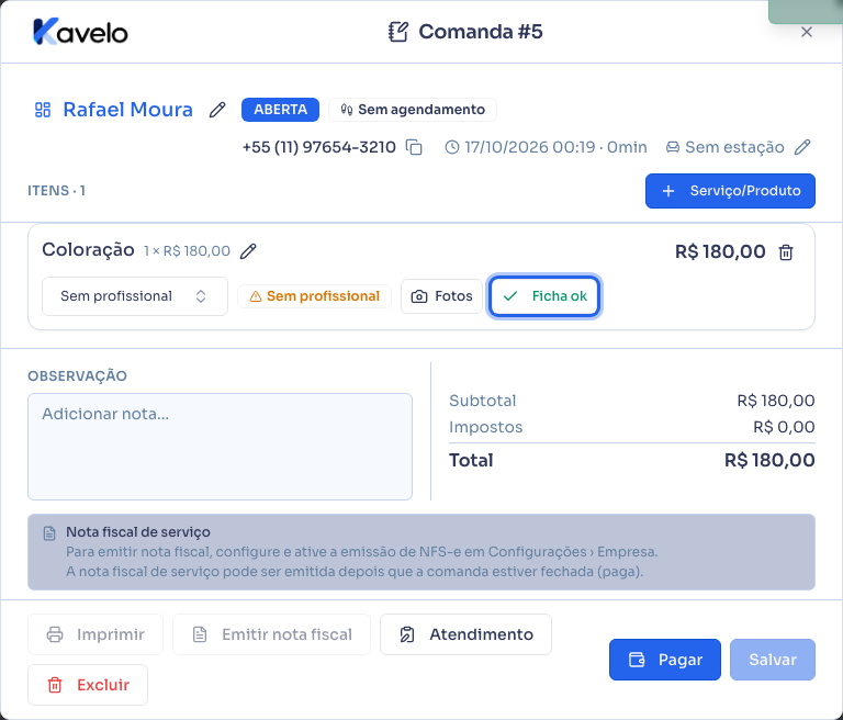 Item da comanda com o selo Ficha ok, em verde, depois de salvar a ficha
