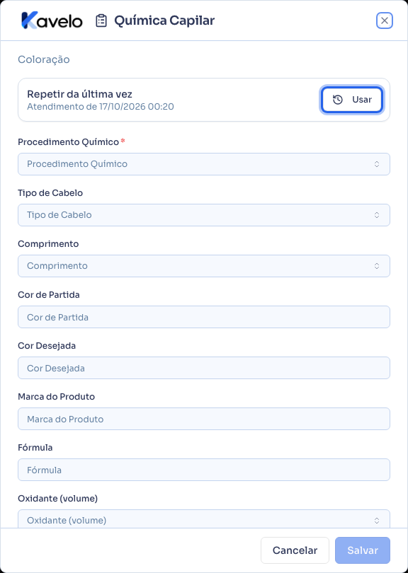 Ficha nova com o bloco Repetir da última vez e o botão Usar