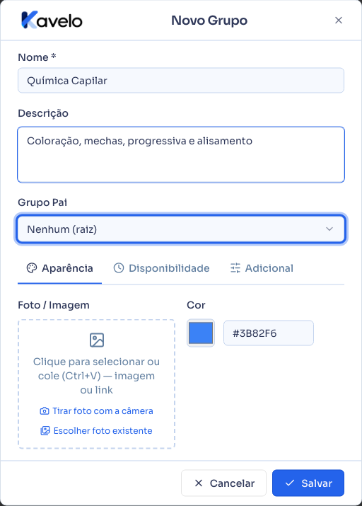Diálogo Novo Grupo, com o nome preenchido, o campo Grupo Pai e as abas abaixo