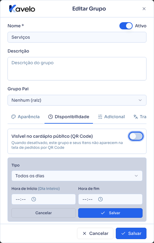 Aba Disponibilidade do grupo, com o quadro de novo horário aberto