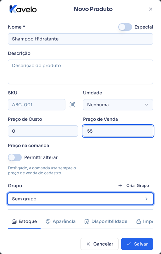 Cadastro de produto, com o campo Grupo e o atalho Criar Grupo