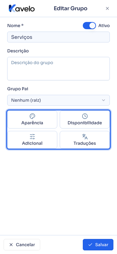 Edição de grupo no celular, com as abas como botões