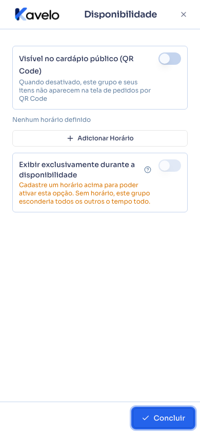 Aba Disponibilidade aberta em tela cheia no celular, com o botão Concluir