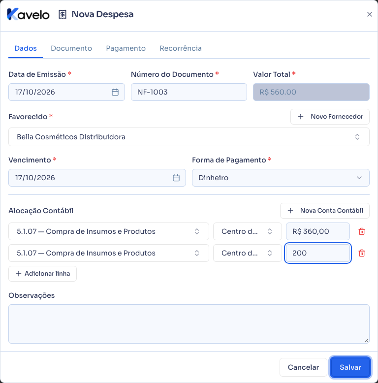 Formulário de nova despesa preenchido, pronto para salvar
