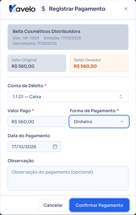 Diálogo de pagamento com a conta de débito e a forma de pagamento escolhidas