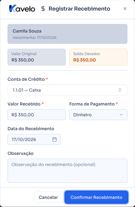 Diálogo de recebimento com a conta de crédito e a forma de pagamento escolhidas