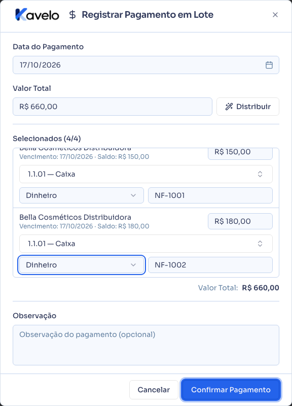 Diálogo de pagamento em lote, com as duas despesas selecionadas e prontas