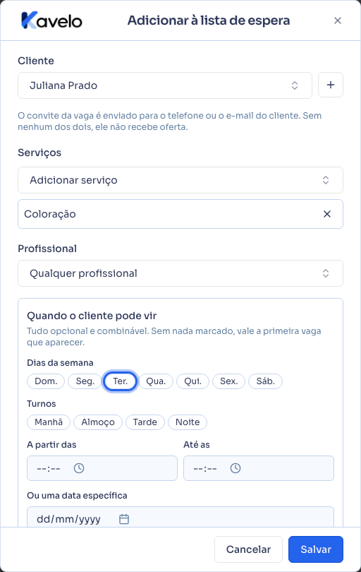 Cliente e serviço escolhidos na nova entrada da lista de espera