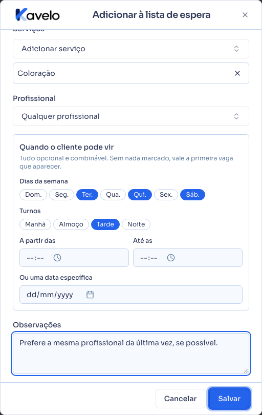 Preferências de dia, turno e observação preenchidas
