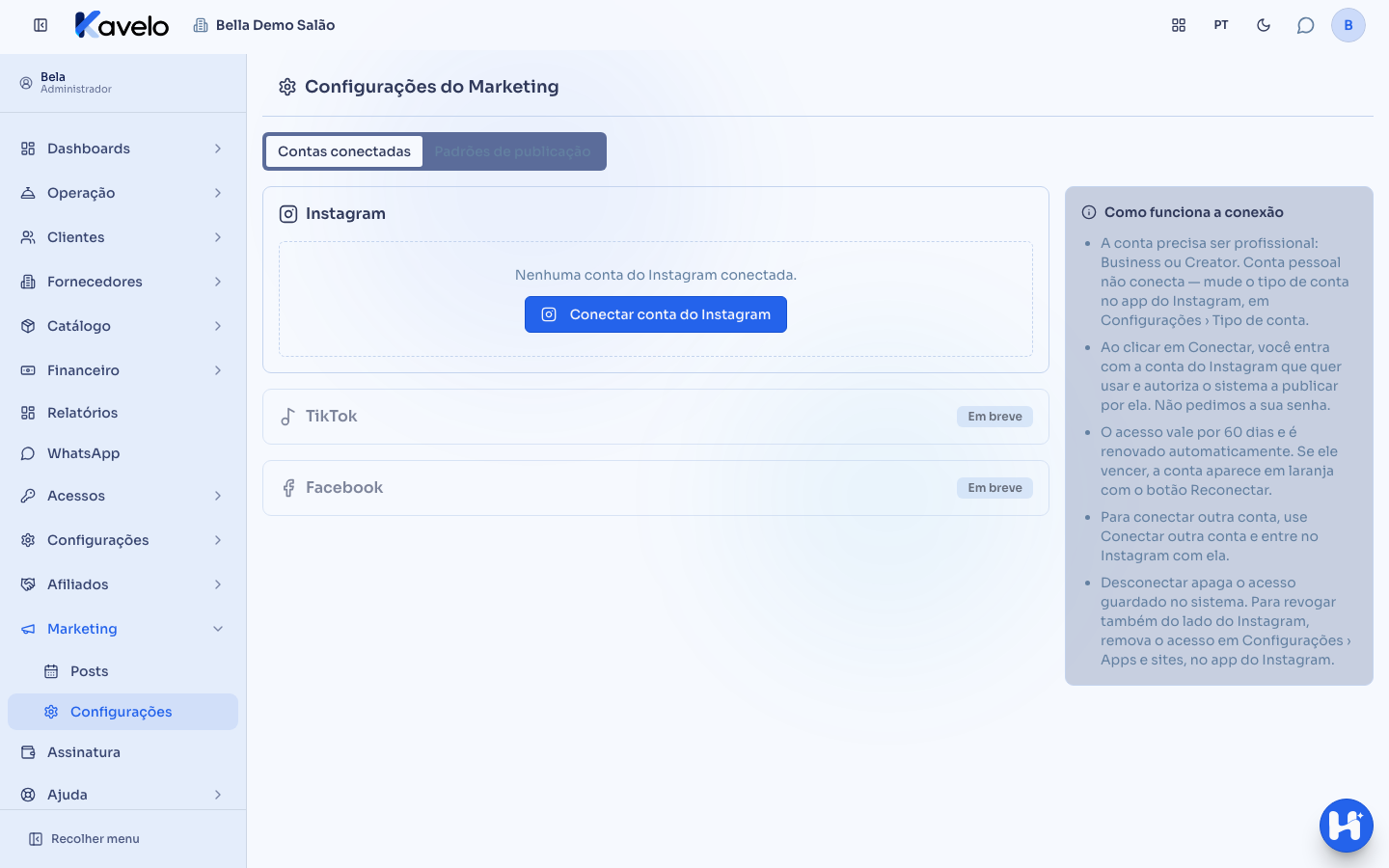 Configurações do Marketing na aba Contas conectadas, com os cartões do Instagram, TikTok e Facebook e o quadro Como funciona a conexão