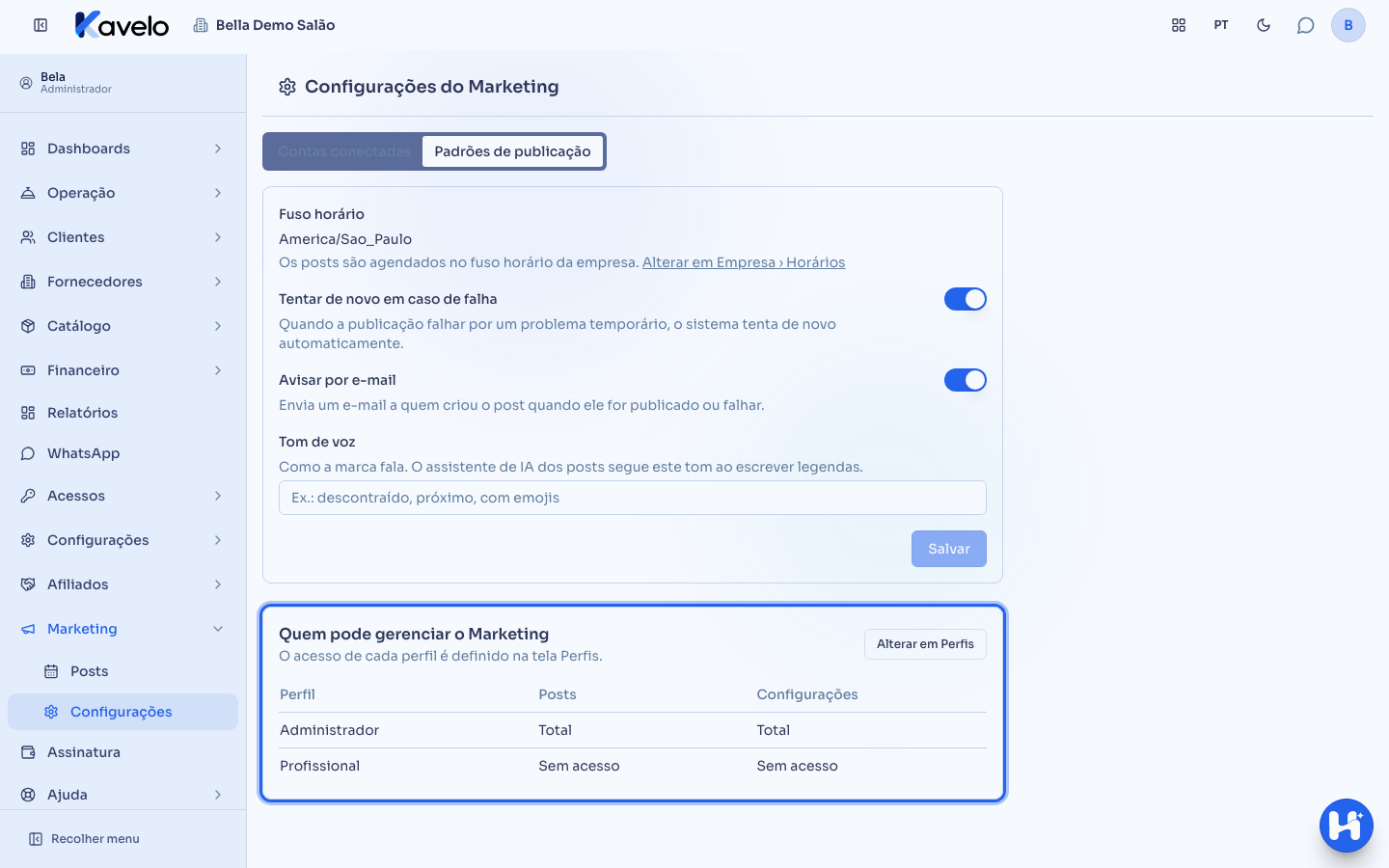 Lista Quem pode gerenciar o Marketing, com o nível de cada perfil em Posts e em Configurações