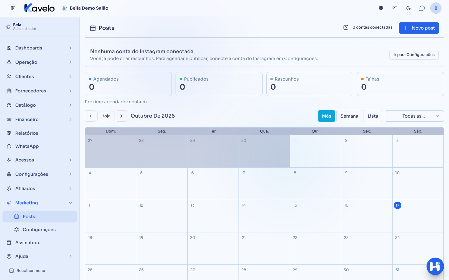Calendário de posts na visão Mês, com os indicadores de agendados, publicados, rascunhos e falhas