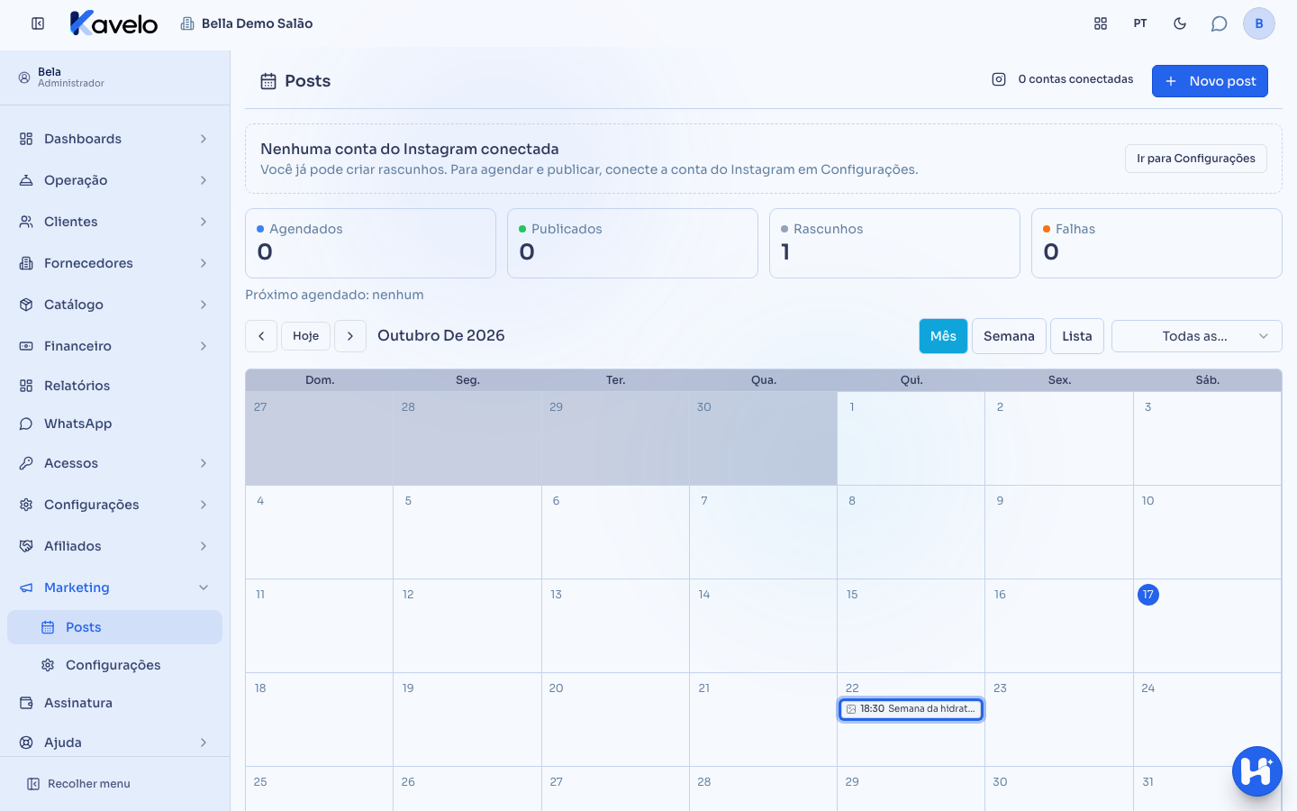 Calendário com o rascunho no dia escolhido, pronto para ser aberto ou arrastado para outro dia