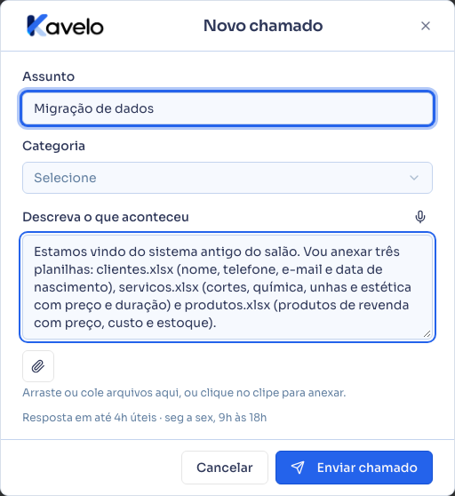 Diálogo Novo chamado preenchido para pedir a migração de dados