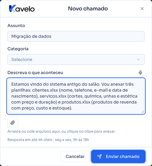 Diálogo Novo chamado com o botão Enviar chamado