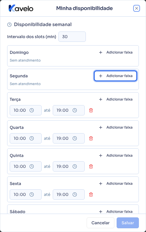 Diálogo Minha disponibilidade recém-aberto, com os horários já configurados no onboarding