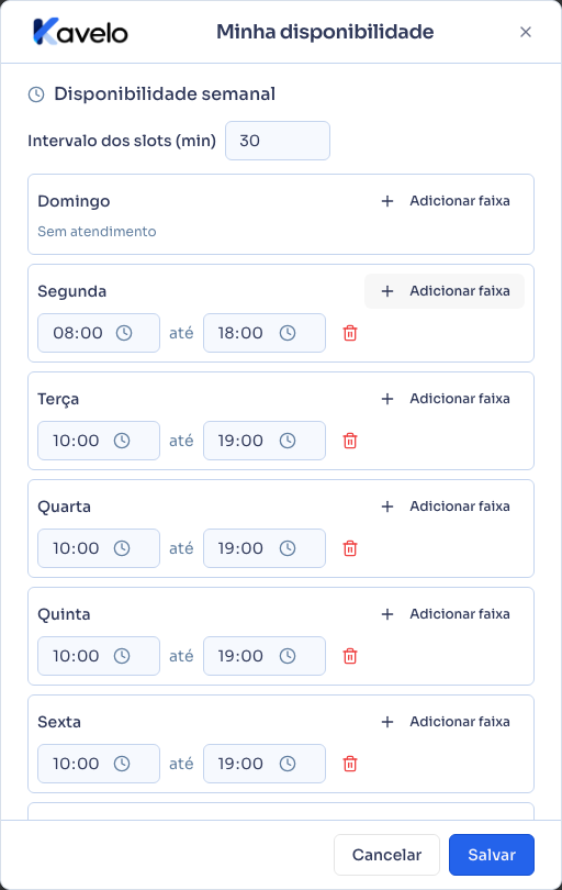 Faixa de segunda-feira adicionada, além dos dias já configurados