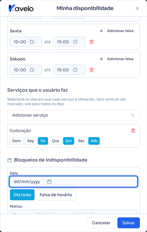 Serviço vinculado, com os dias em que é oferecido marcados