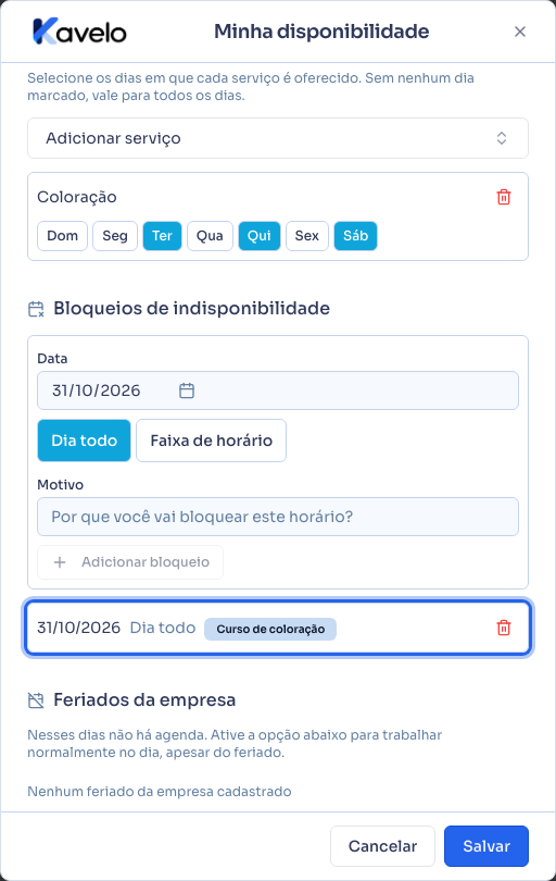 Bloqueio de um dia inteiro adicionado, com o motivo preenchido