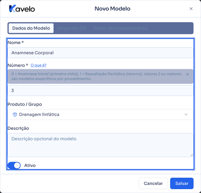 Novo modelo de anamnese, com nome, número e o serviço Drenagem linfática escolhidos