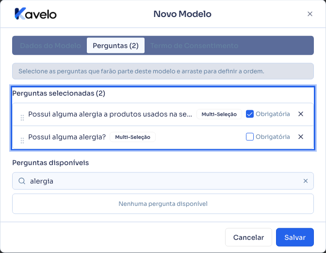 Perguntas selecionadas para o modelo, com uma marcada como obrigatória
