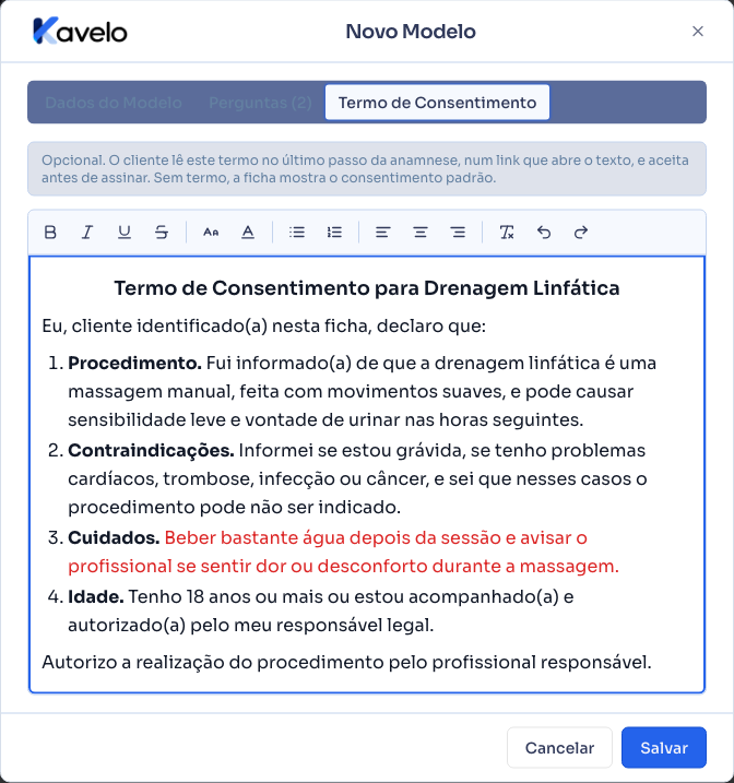 Aba Termo de Consentimento do modelo, com o termo de drenagem linfática colado no editor