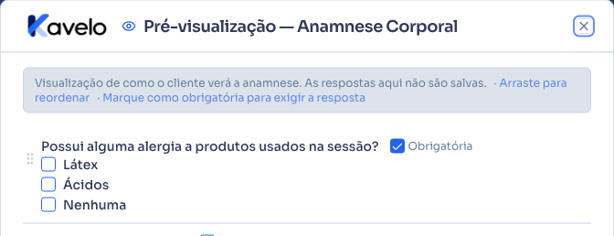 Pré-visualização do modelo, mostrando o questionário como o cliente vai ver