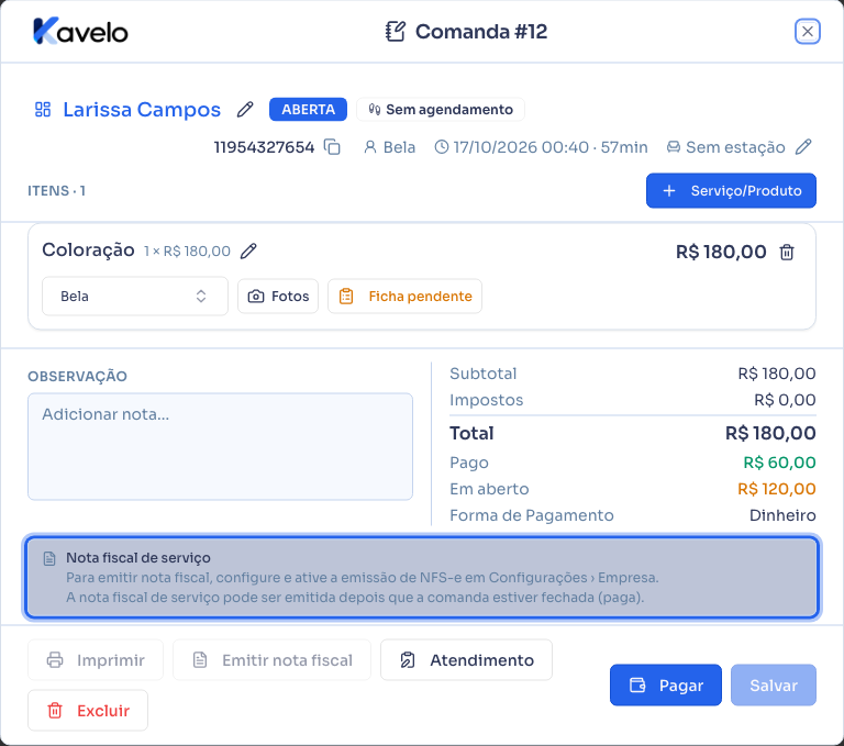 Comanda aberta com o botão Emitir nota fiscal desativado e o motivo escrito acima do rodapé