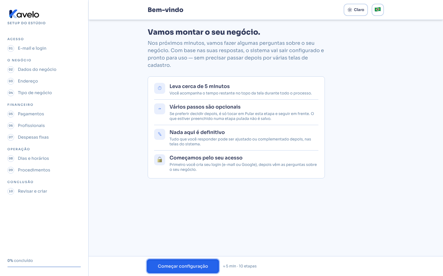 Tela de boas-vindas do cadastro, com o botão Começar configuração em destaque