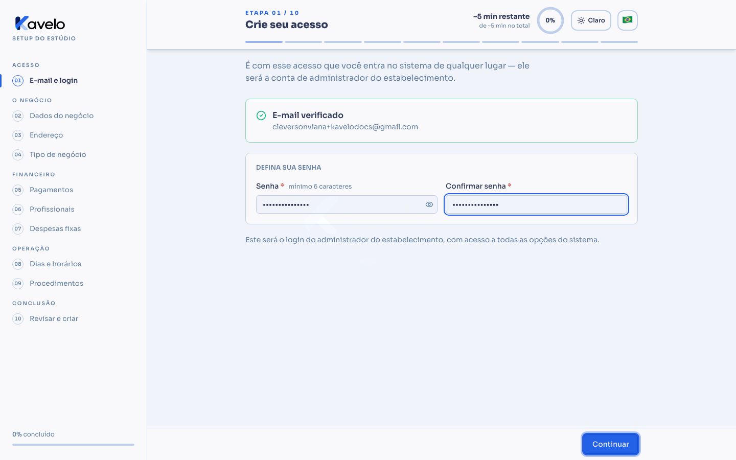 Tela de definir a senha, com o e-mail já verificado