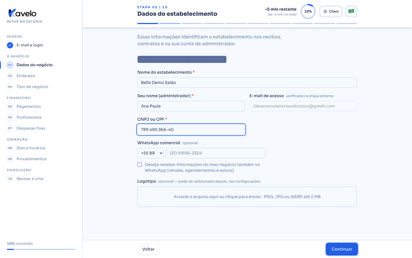 Formulário de dados do estabelecimento preenchido