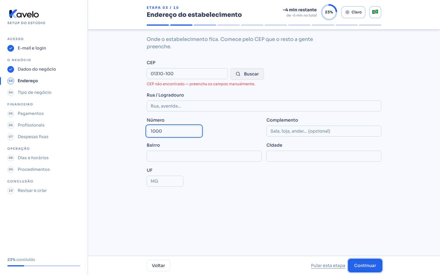 Tela de endereço do estabelecimento, com o aviso de CEP não encontrado e os campos liberados para preenchimento manual