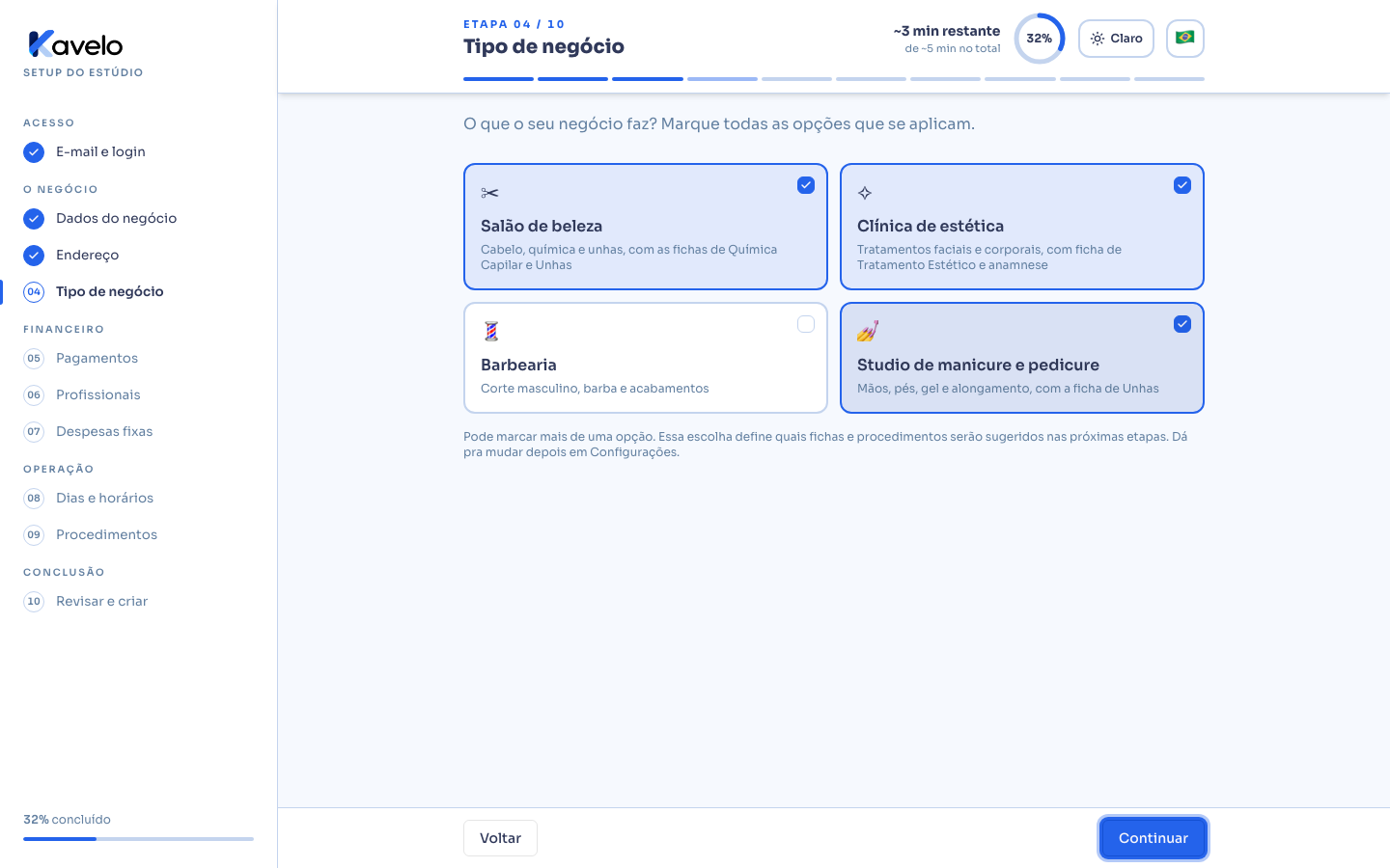 Opções de tipo de negócio, com Salão de beleza, Clínica de estética e Studio de manicure e pedicure marcados