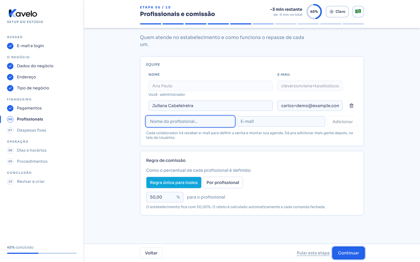 Equipe com um profissional adicionado e a regra de comissão configurada