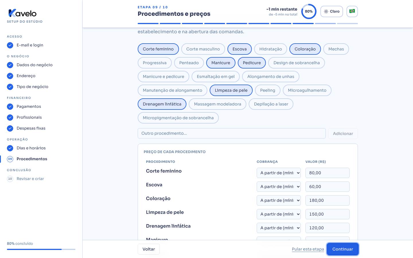 Procedimentos sugeridos com o modo de cobrança ajustado