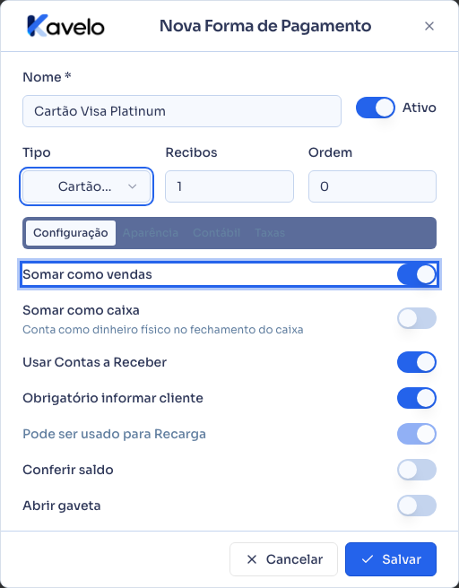 Nova forma de pagamento, com nome, tipo e configurações preenchidos