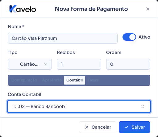 Aba Contábil com a conta contábil escolhida