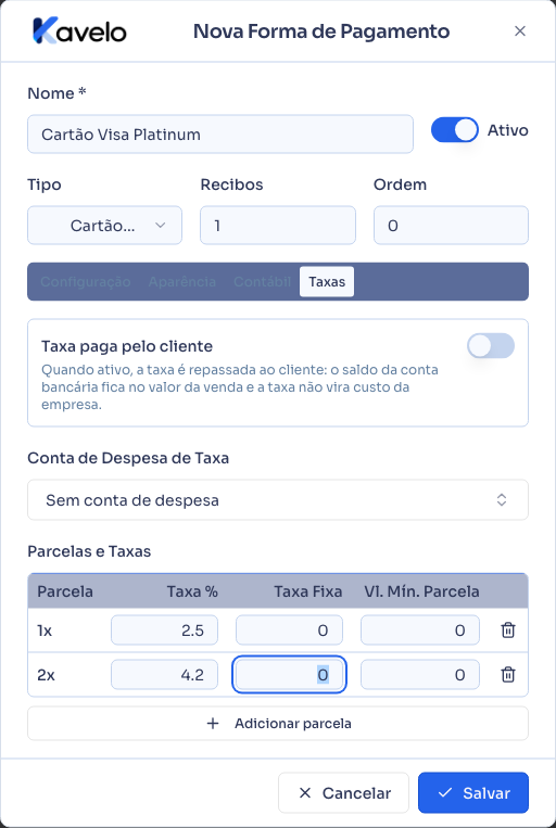 Aba Taxas com parcelas e percentuais configurados
