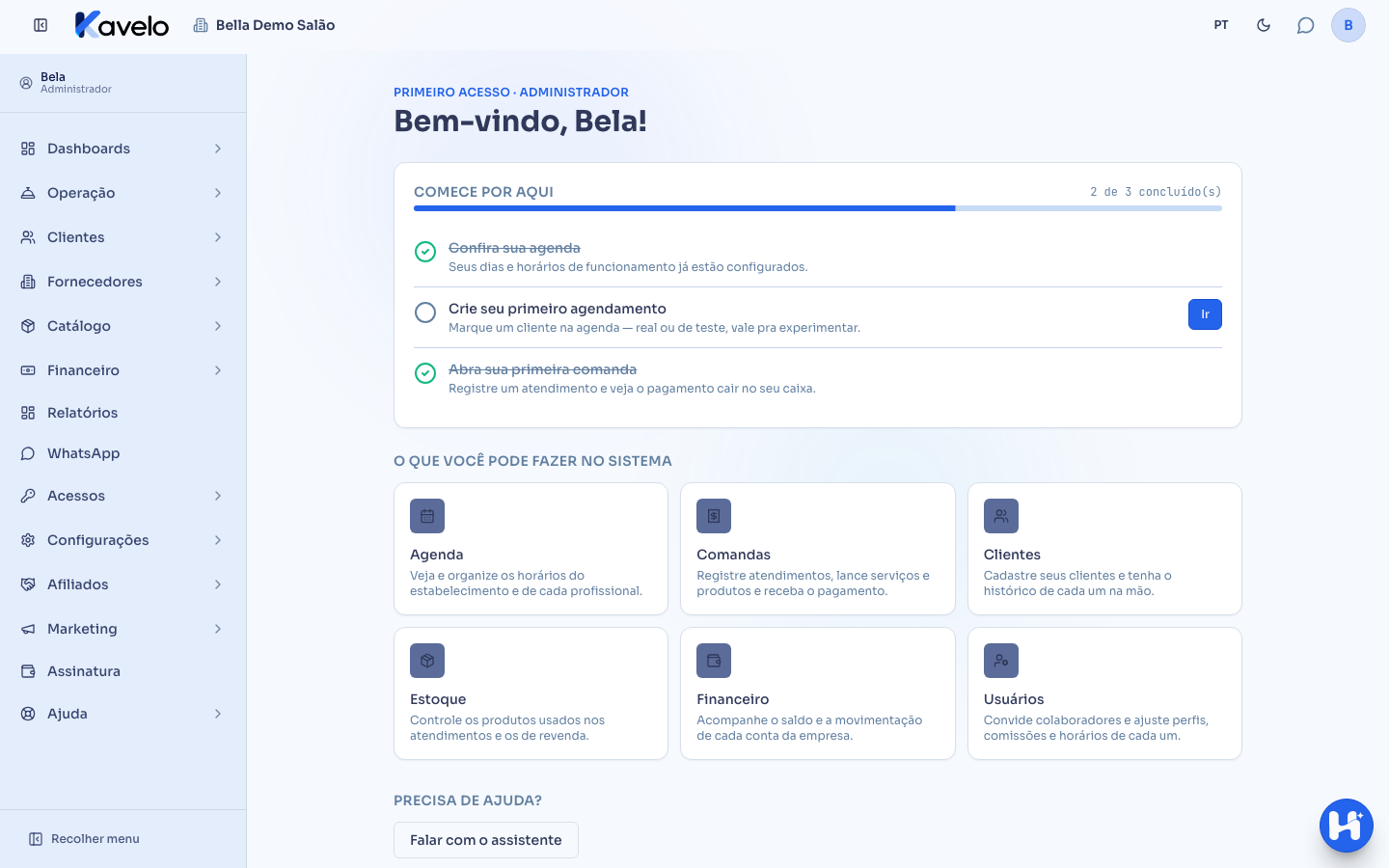 Guia de primeiro acesso, com a lista Comece por aqui e os atalhos para as principais telas