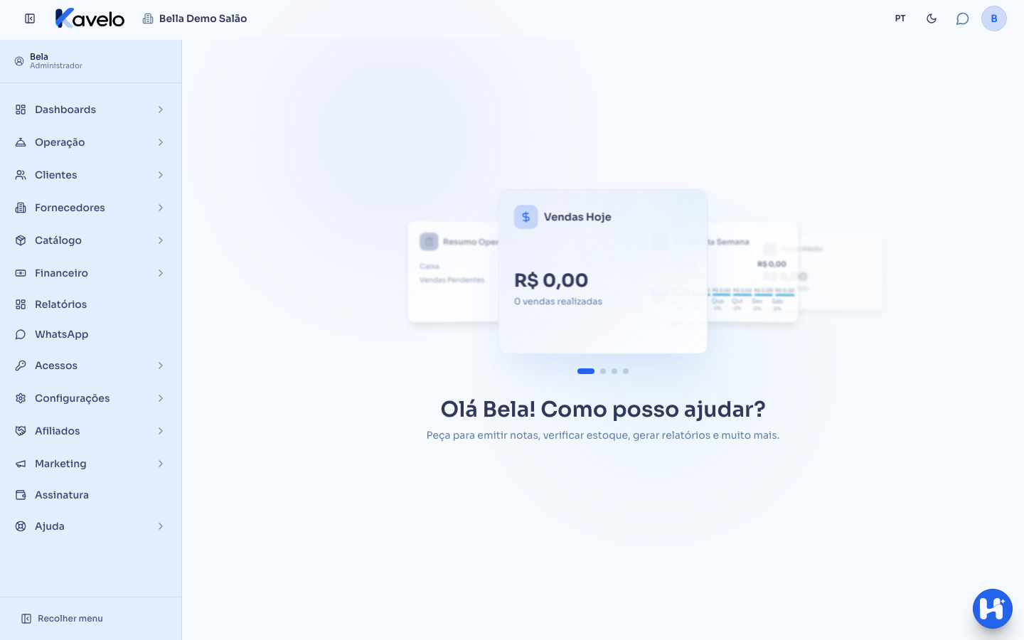 Página Inicial com o carrossel de cartões e a saudação abaixo dele