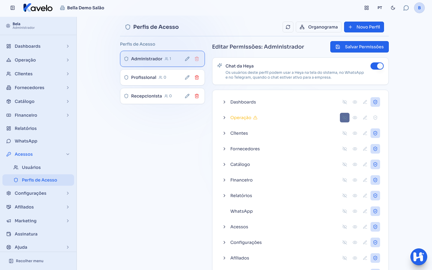 Lista de perfis de acesso, com o editor de permissões de um perfil selecionado