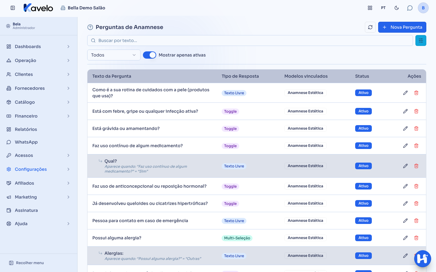 Lista de perguntas de anamnese, com uma pergunta condicional recuada