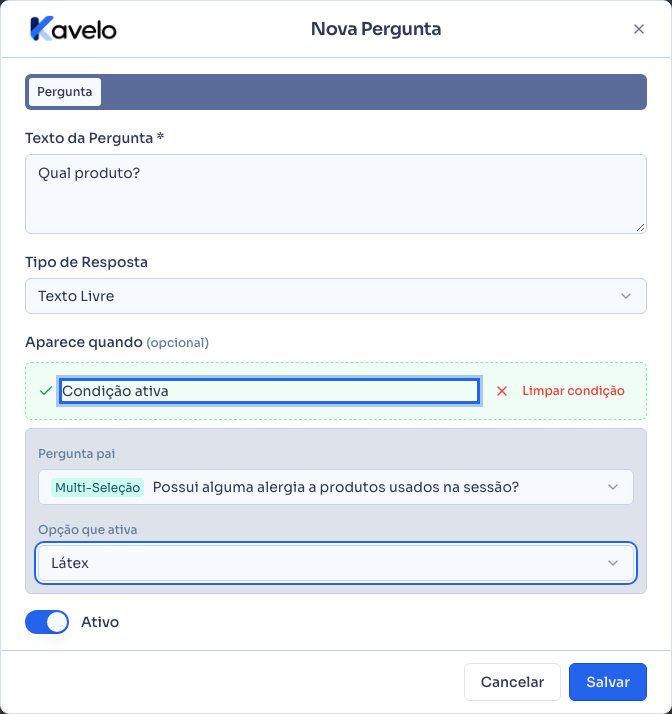 Pergunta condicional que só aparece quando a opção “Látex” é escolhida na pergunta pai