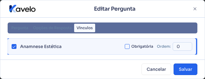 Aba Vínculos mostrando os modelos que usam essa pergunta
