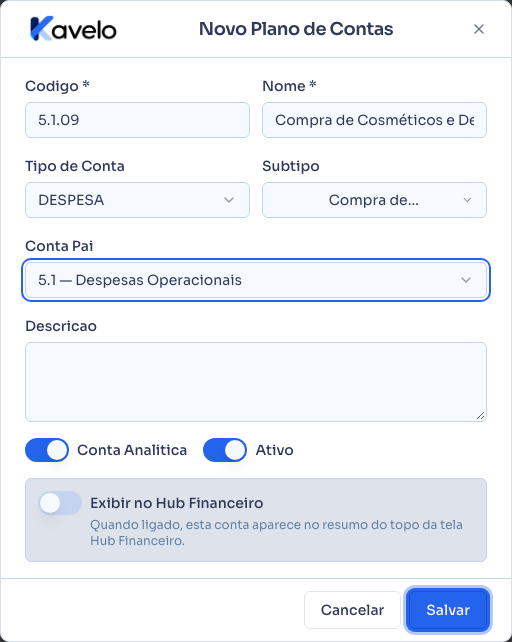 Formulário de nova conta contábil preenchido, pronto para salvar