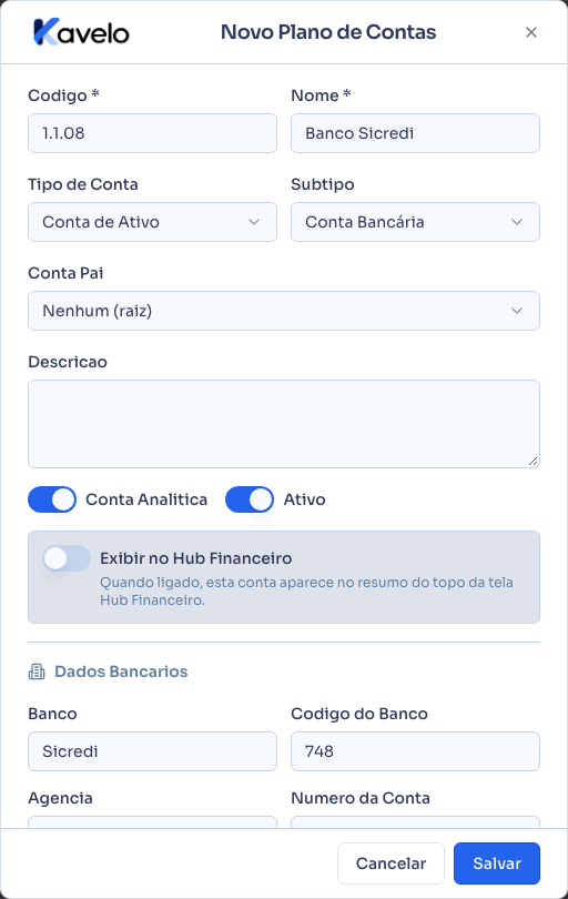 Formulário com o subtipo Conta Bancária escolhido, mostrando os campos de banco e PIX