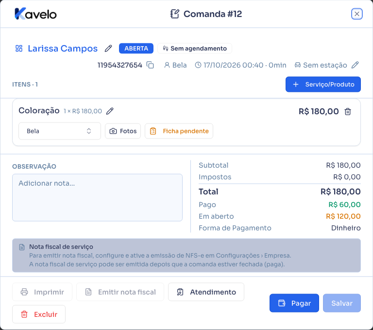 Comanda aberta a partir de uma linha do relatório