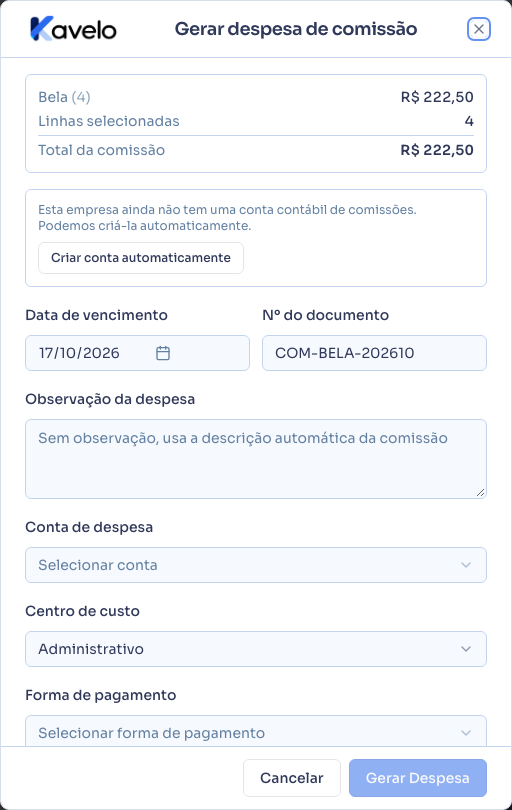 Diálogo “Gerar despesa de comissão”, com as linhas selecionadas e os campos da despesa