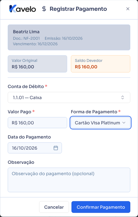 Janela de registrar pagamento, com os campos preenchidos